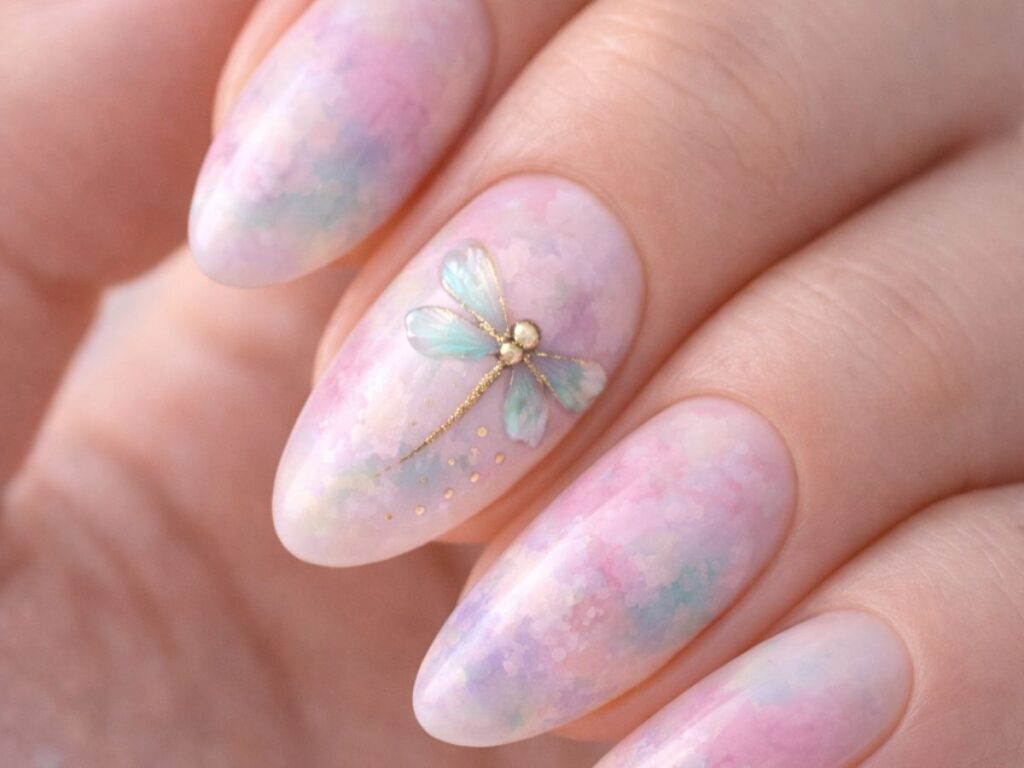 Macro close-up of almond-shaped nails with a soft pastel watercolor design in pink, blue, and lavender tones, featuring a delicate iridescent dragonfly accent and subtle gold details under gentle, diffused lighting.
