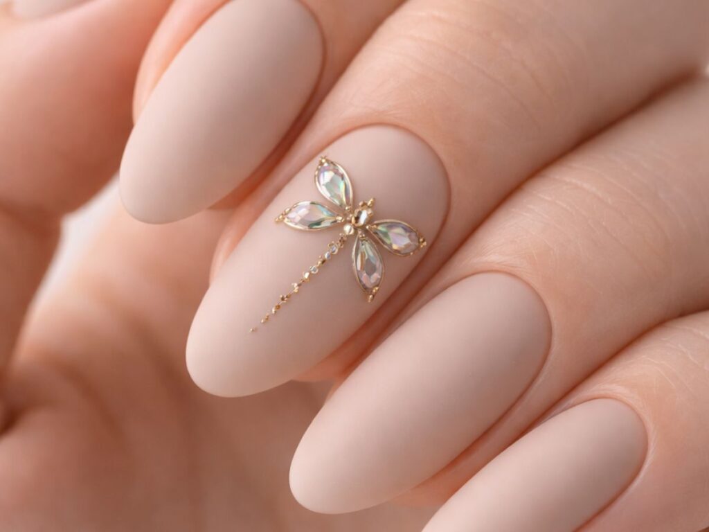 Macro close-up of almond-shaped nude matte nails featuring a single accent nail with a delicate iridescent crystal dragonfly design outlined in gold, s