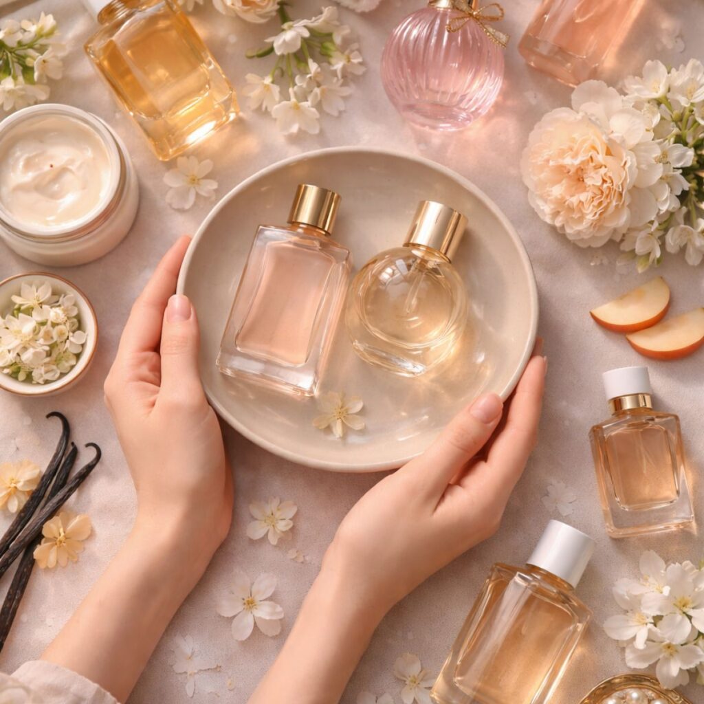 Top-down view of hands holding a ceramic bowl with two perfume bottles, surrounded by various fragrances, skincare jars, soft towels, flowers, vanilla pods, and a lit candle, all arranged on a neutral fabric surface in warm, soft lighting.