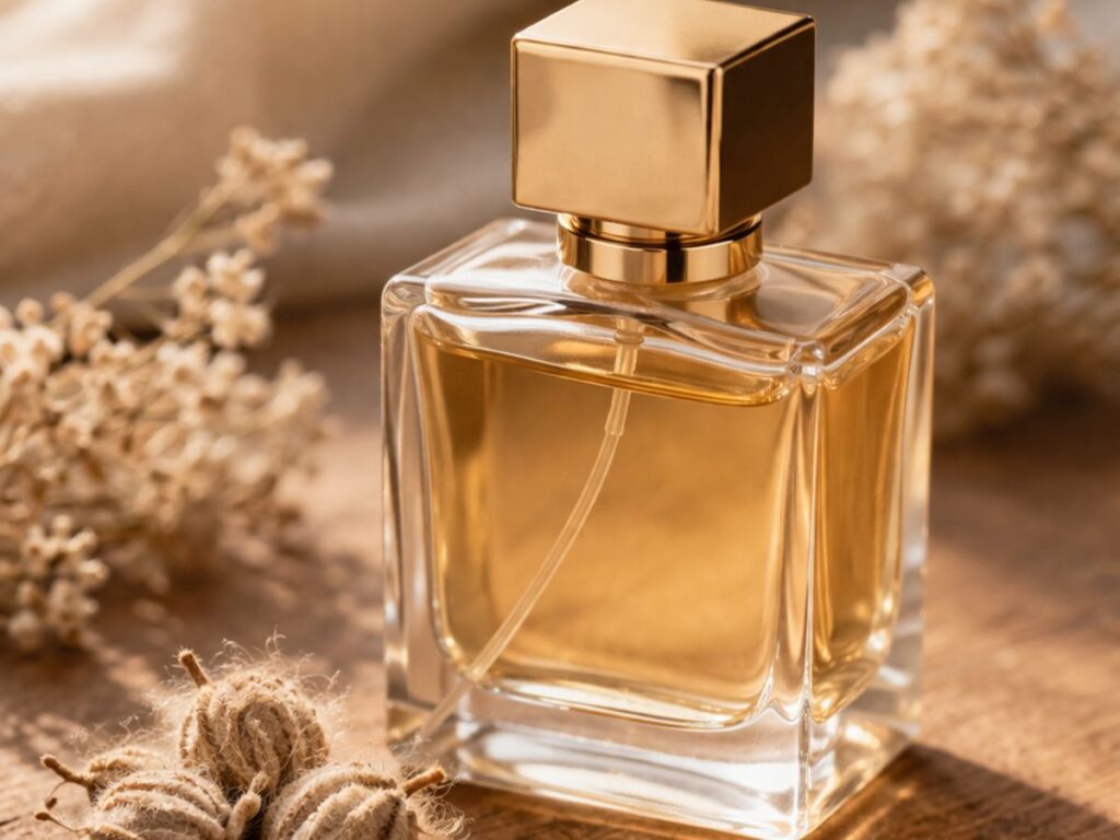 Close-up of a perfume bottle with a gold cap placed on a wooden surface, surrounded by dried botanicals and soft fabric, lit with warm natural light to create a cozy, earthy fragrance mood.