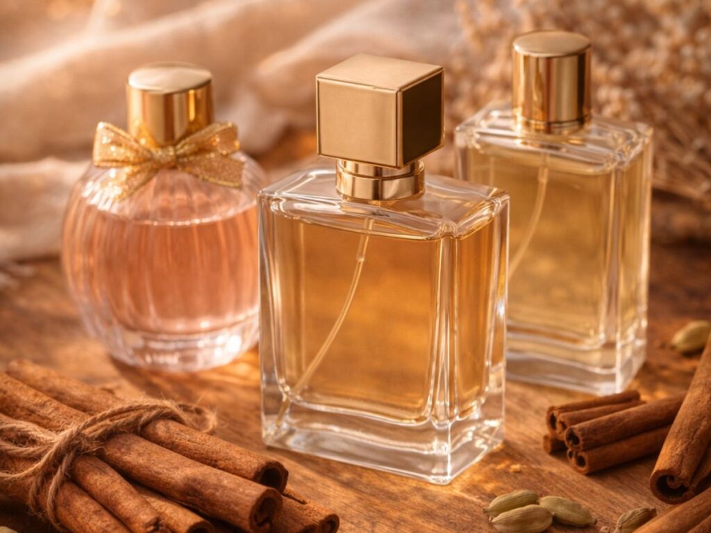 Three elegant perfume bottles with gold caps displayed on a wooden surface, surrounded by cinnamon sticks and cardamom pods, creating a warm, spicy fragrance aesthetic.