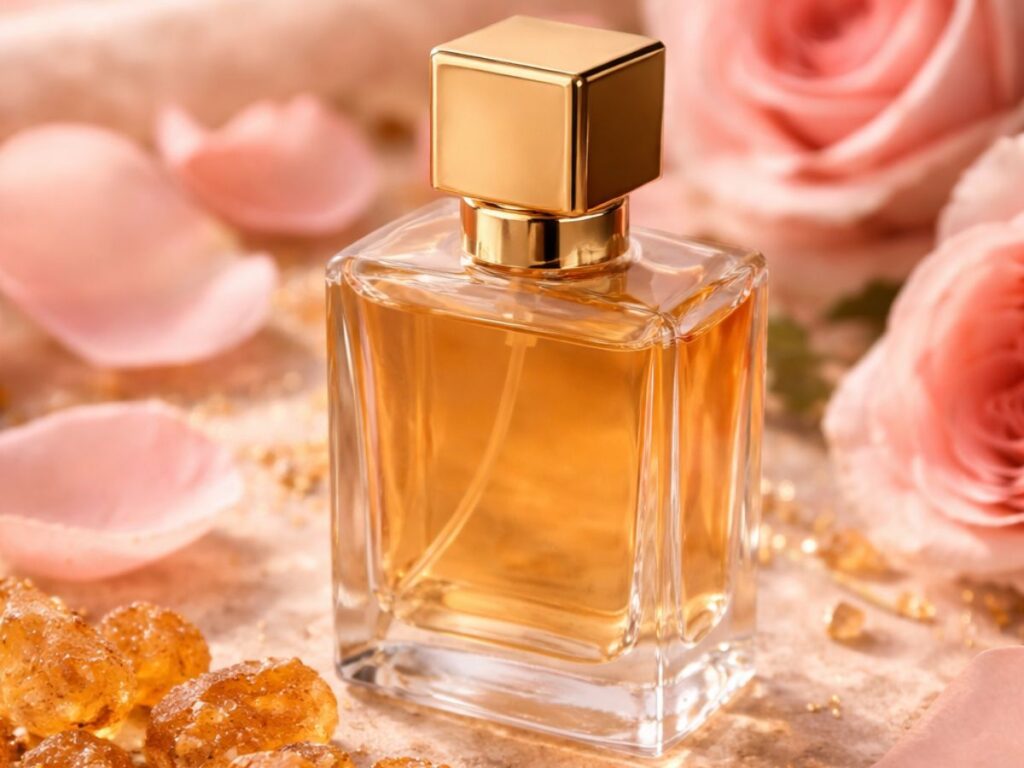 A luxurious perfume bottle with a gold cap placed among pink roses, rose petals, and golden sugar crystals, creating a soft, romantic, and sweet fragrance aesthetic.