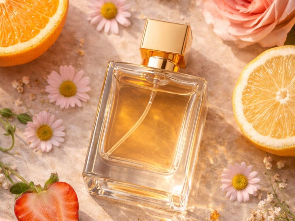 A perfume bottle with a gold cap surrounded by fresh orange slices, strawberries, pink roses, and small flowers, creating a bright, fruity, and floral fragrance aesthetic.
