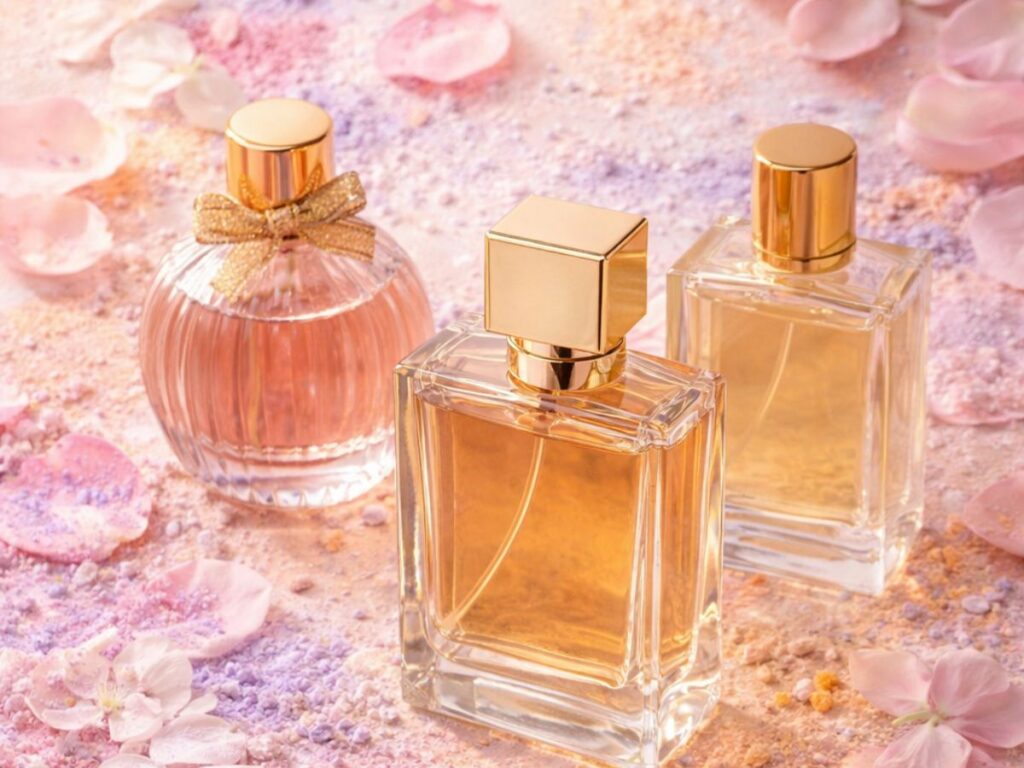 Three perfume bottles with gold caps placed on a soft pastel background covered in colorful powder and scattered pink petals, creating a dreamy, sweet, and floral fragrance aesthetic.