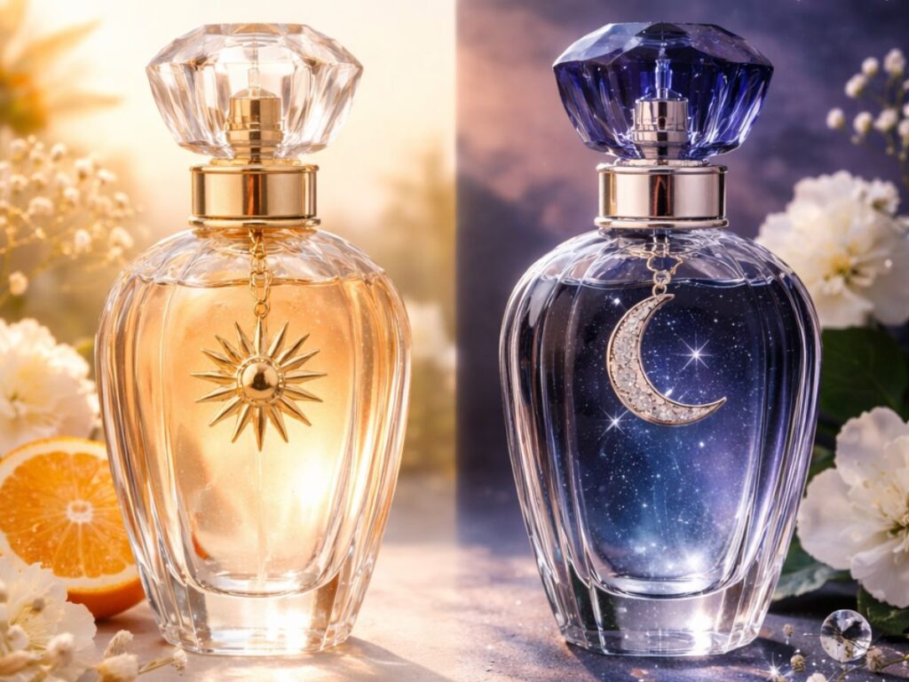 Two elegant perfume bottles side by side representing day and night, left bottle in warm golden light with a sun charm and citrus elements, right bottle in deep blue tones with a moon charm under a starry night sky.