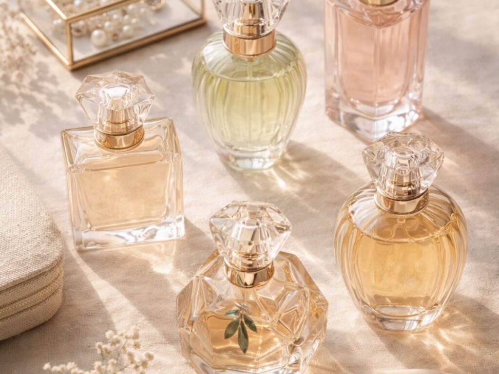 A collection of elegant glass perfume bottles with crystal caps arranged on a soft neutral surface, surrounded by jewelry, a makeup brush, and delicate flowers in warm natural light.