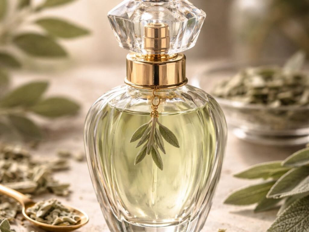 Elegant glass perfume bottle with pale green liquid, topped with a faceted crystal cap and gold neck, decorated with a small herb charm, surrounded by dried leaves and fresh greenery on a soft, natural background.