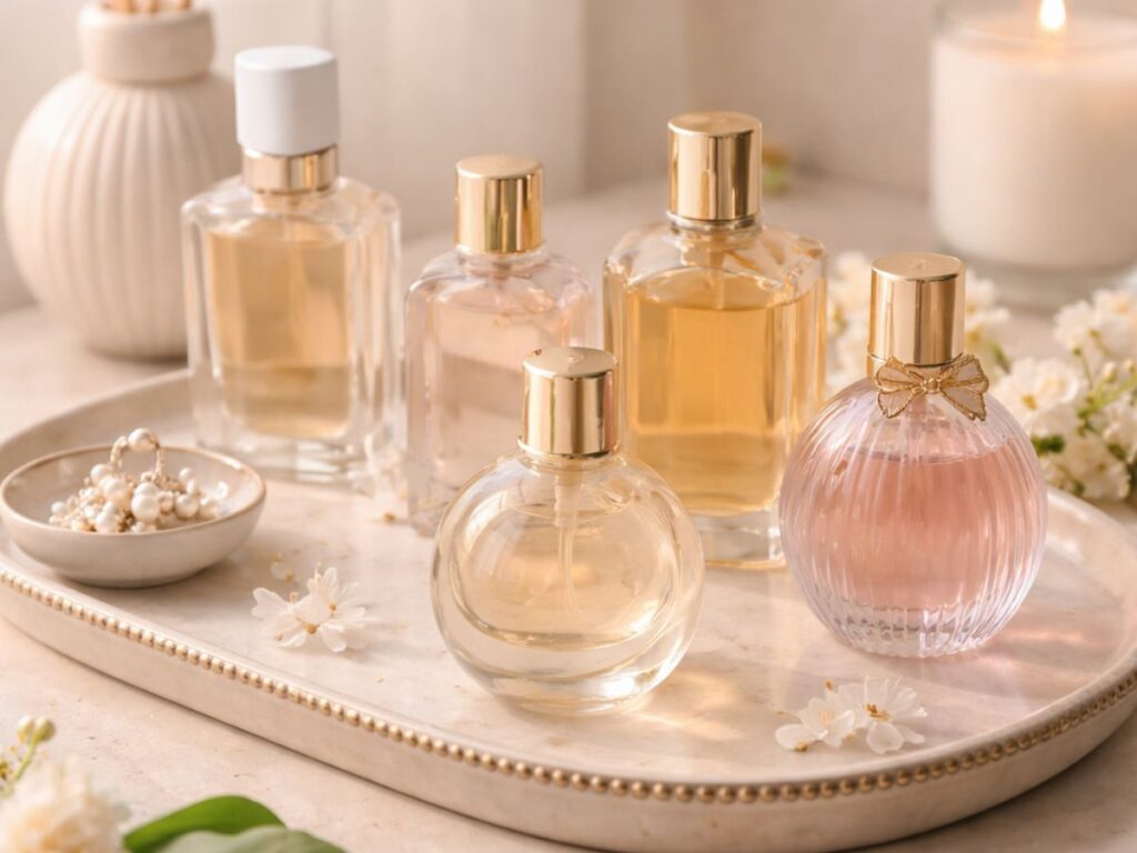 Elegant arrangement of multiple perfume bottles with gold caps on a decorative tray, styled with flowers, a candle, and a reed diffuser in a softly lit, neutral-toned setting.