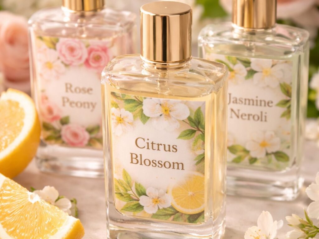 Three perfume bottles labeled Citrus Blossom, Rose Peony, and Jasmine Neroli arranged on a tray with fresh flowers and sliced citrus, styled in soft natural light with a delicate, floral aesthetic.
