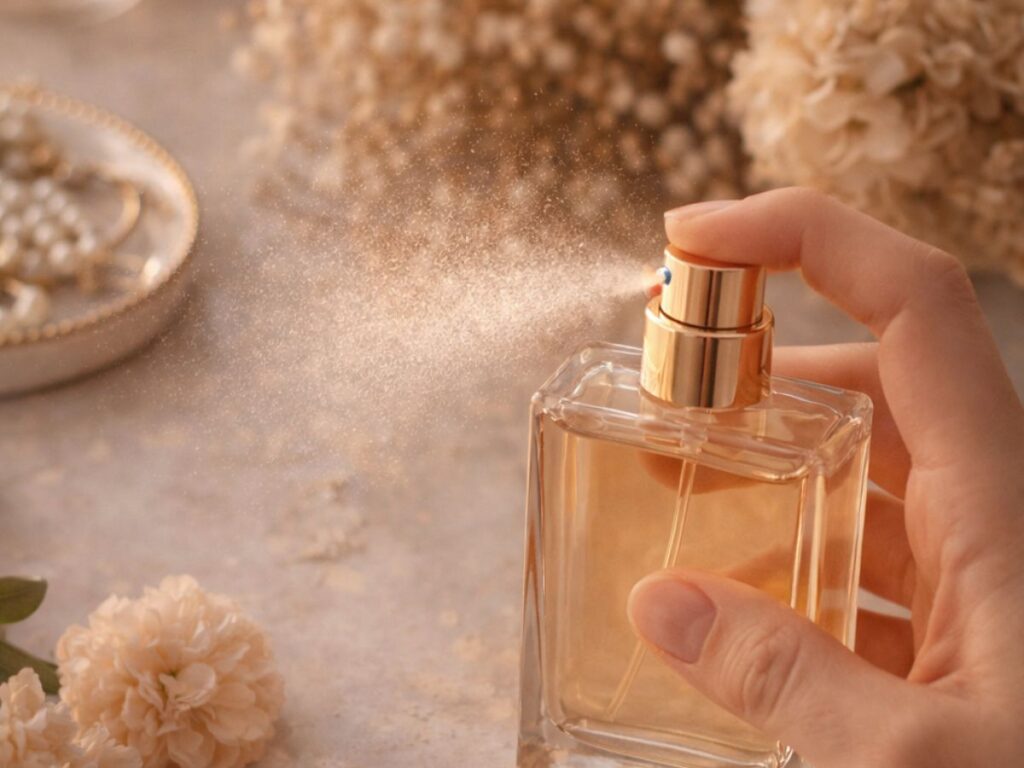 Close-up of a hand spraying perfume from a glass bottle with a gold cap, creating a fine mist in warm, soft lighting, surrounded by delicate flowers and a softly blurred background.