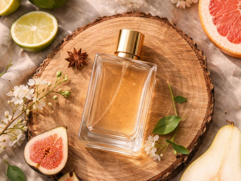 Flat lay of a perfume bottle on a wooden slice surrounded by citrus fruits, figs, pear, vanilla pods, spices, and white blossoms, styled in warm natural light to evoke fresh and gourmand fragrance note