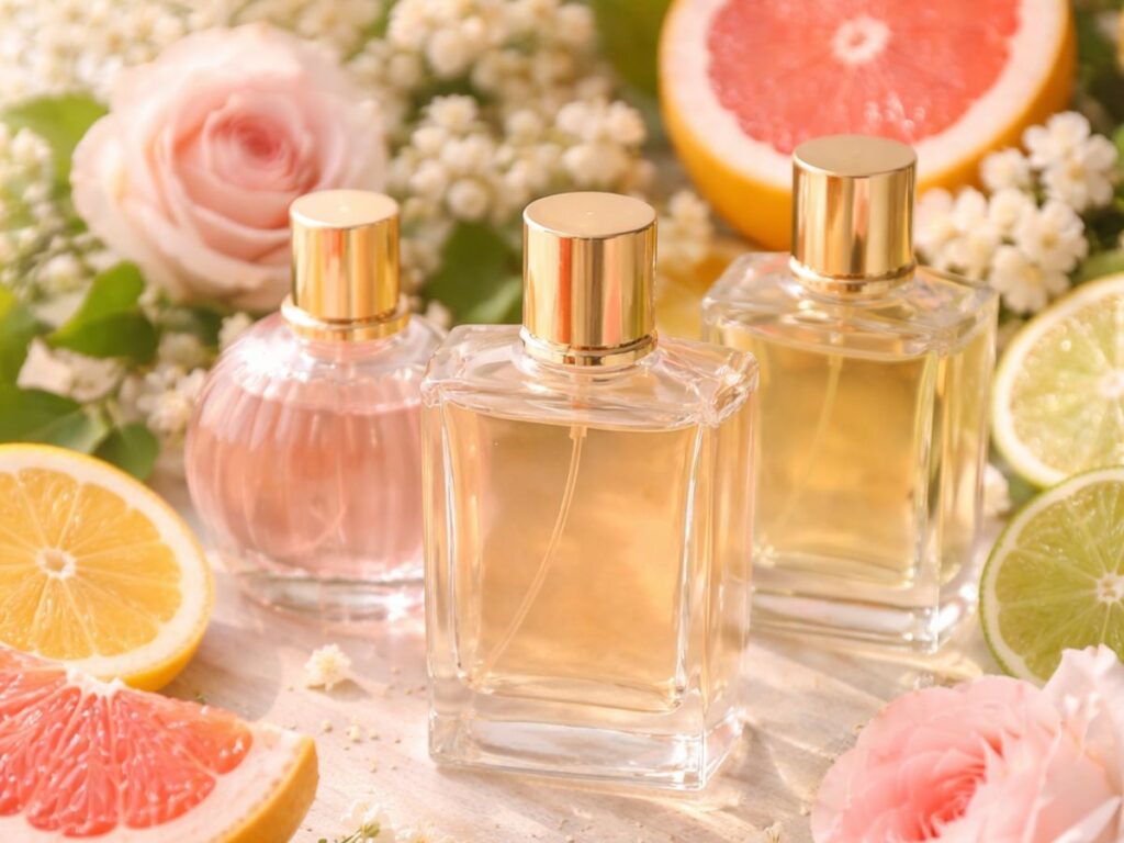 Three perfume bottles with gold caps arranged among sliced citrus fruits and soft pink roses, surrounded by delicate white blossoms in bright, natural light, evoking fresh floral and citrus fragrance notes.