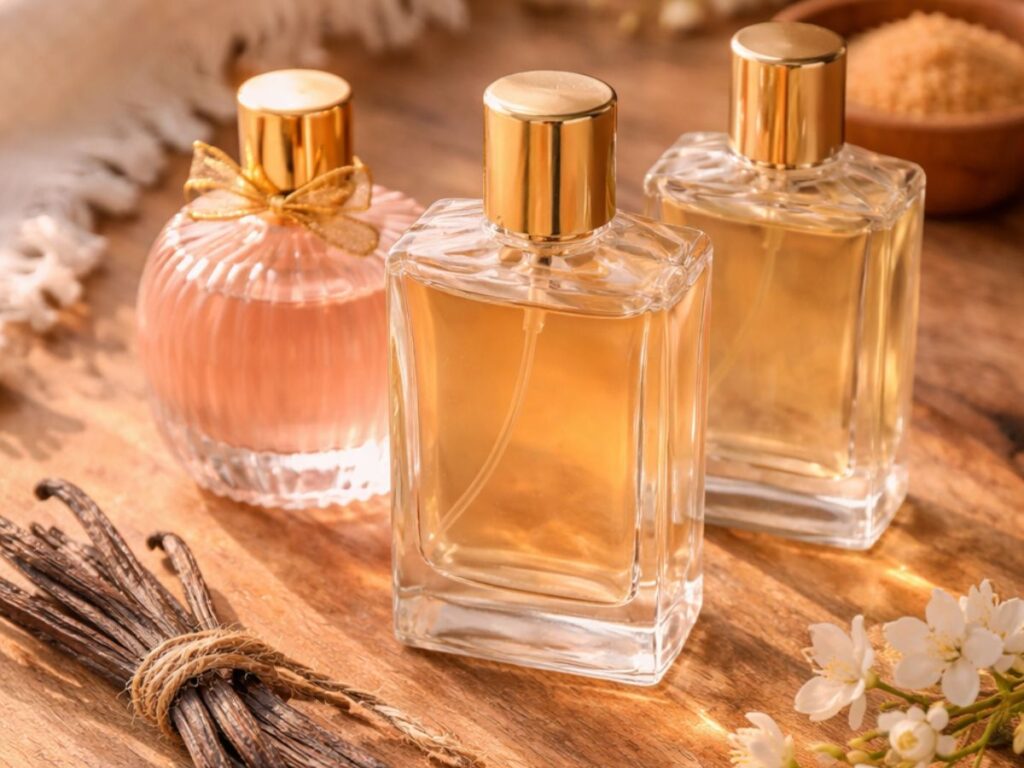 Three perfume bottles with gold caps arranged on a wooden surface alongside vanilla pods, white blossoms, and warm-toned accents, styled in soft golden light to evoke sweet, gourmand fragrance notes.