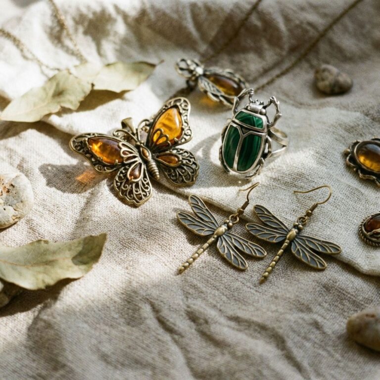 Butterfly and dragonfly jewelry with gemstone ring on neutral fabric