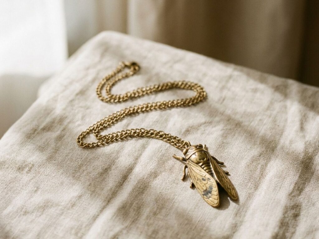 Gold cicada pendant necklace on neutral fabric