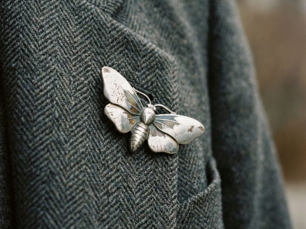Silver moth brooch on textured fabric close-up