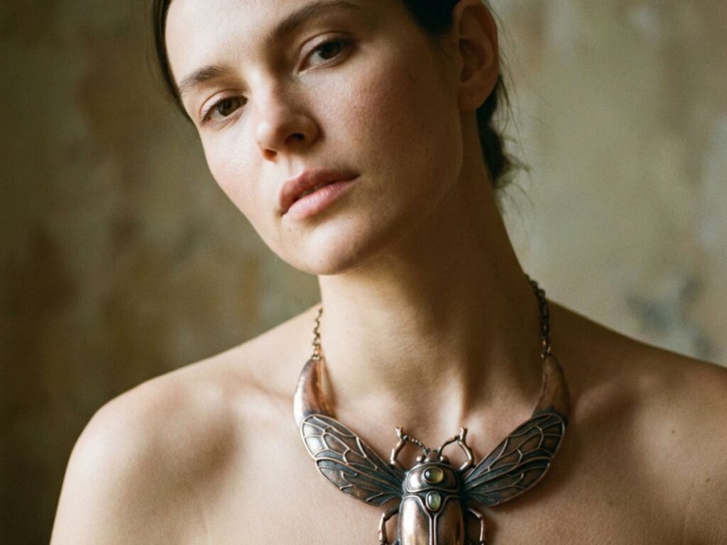 Woman wearing large insect pendant necklace close-up