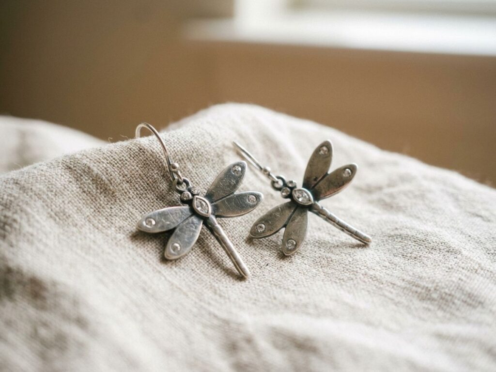 Silver dragonfly earrings on neutral fabric close-up
