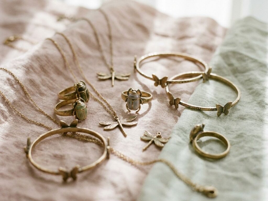 Insect-themed jewelry set with rings, bracelets, and necklaces on fabric