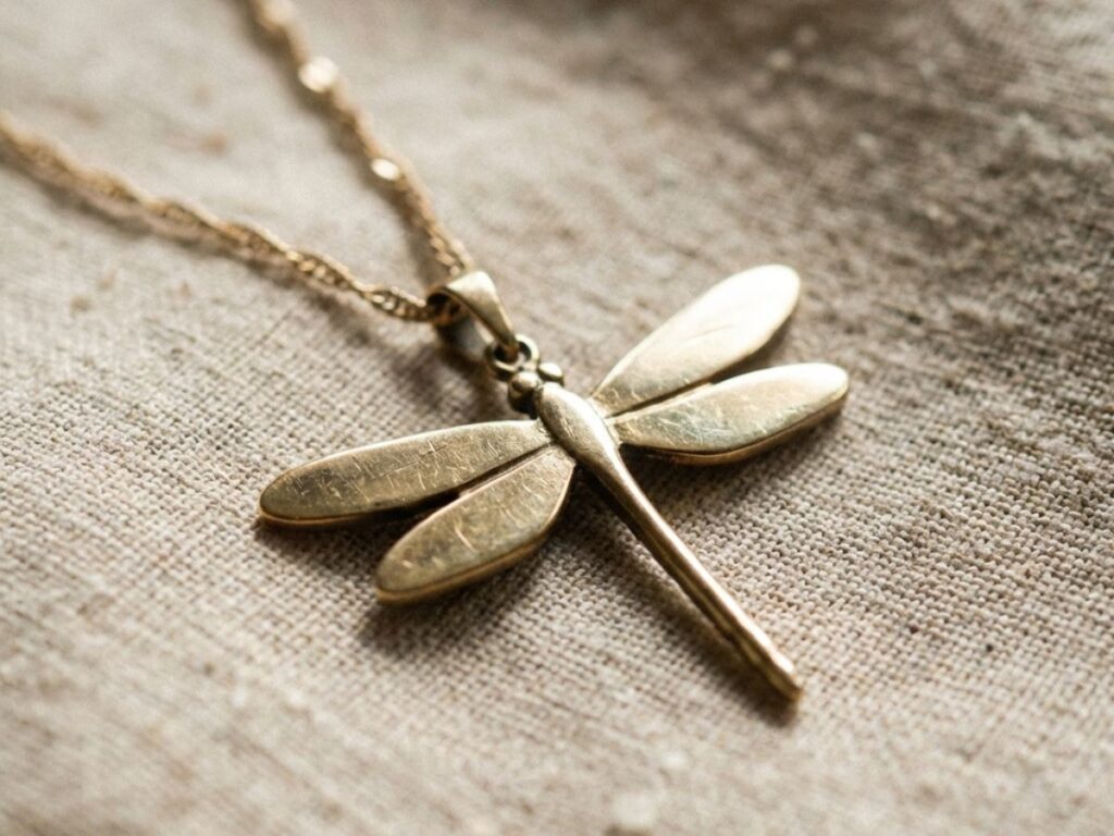 Gold dragonfly pendant necklace on neutral fabric