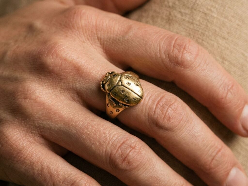 Hand wearing gold beetle-shaped ring close-up