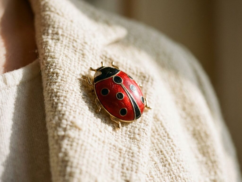 Red ladybug brooch on textured fabric close-up