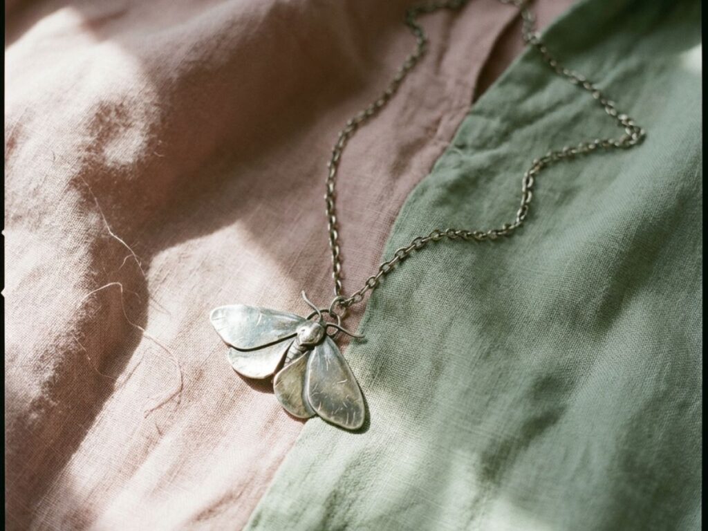 Silver moth pendant necklace on fabric background