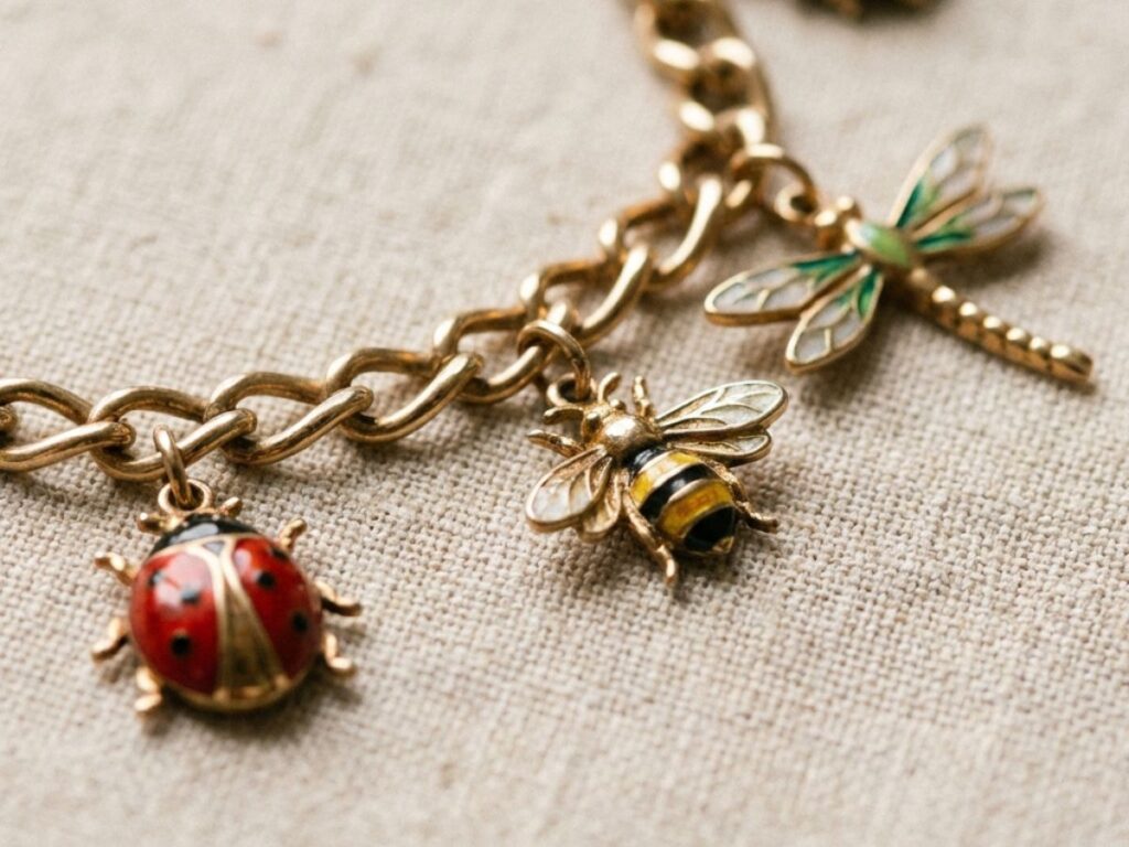 Charm bracelet with bee, dragonfly, and ladybug charms close-up
