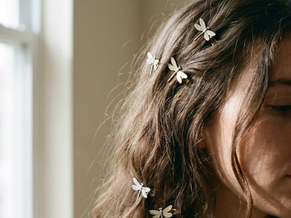 Hair styled with butterfly hair clips in soft natural light