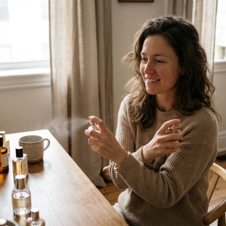 Person sitting at a table testing fragrances, spraying perfume from small bottles with several scent options arranged nearby.