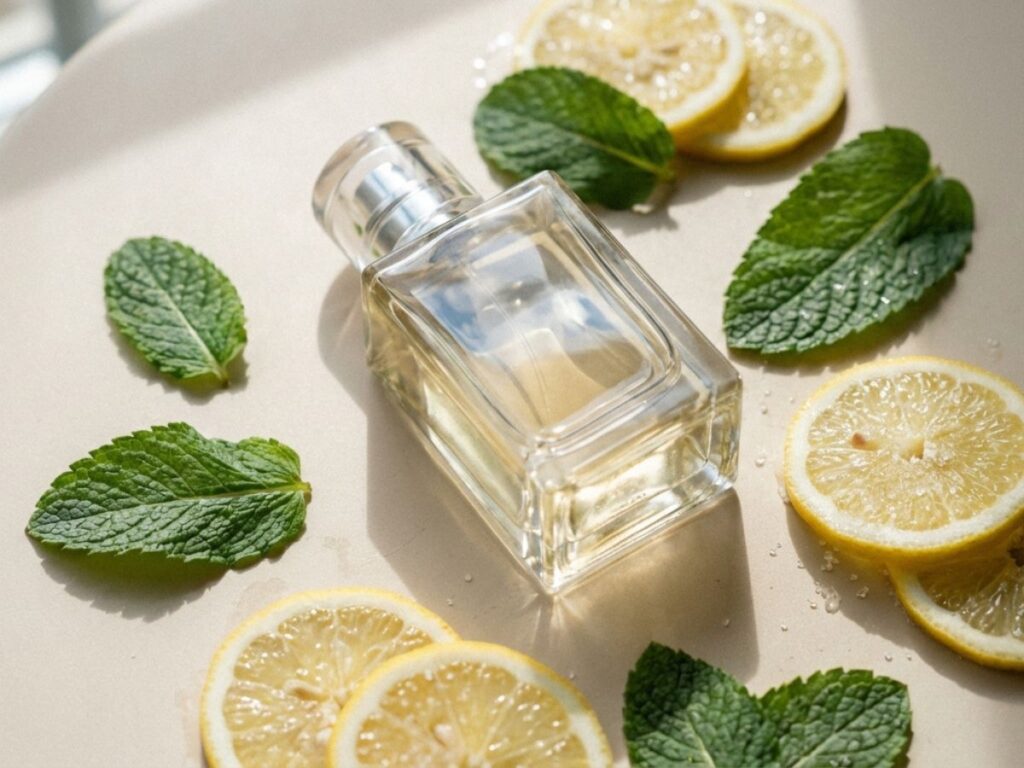 Perfume bottle with mint leaves and lemon slices in bright natural light