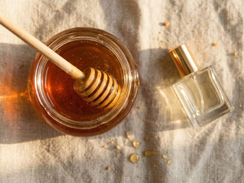 Perfume bottle with honey jar and dipper in warm light
