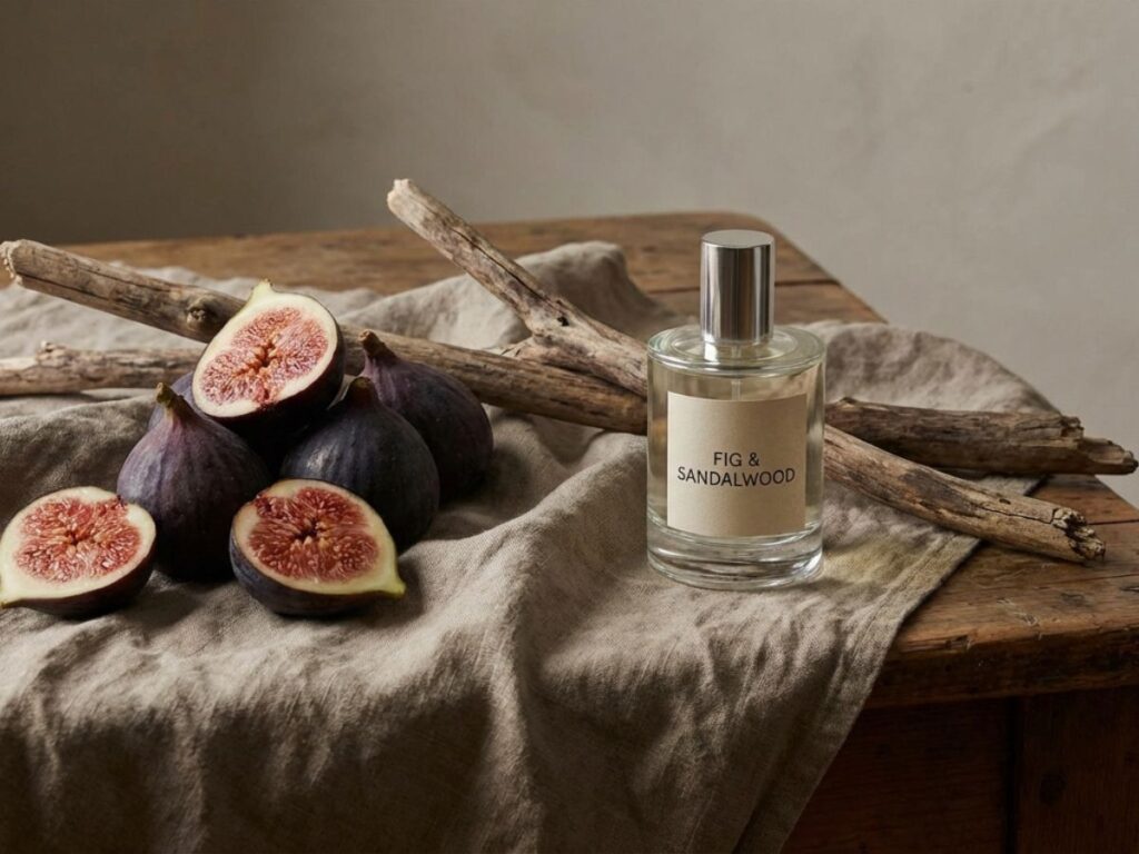 Perfume bottle with figs and wood sticks on neutral fabric