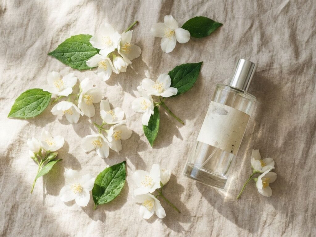 Perfume bottle with white jasmine flowers and green leaves in soft light