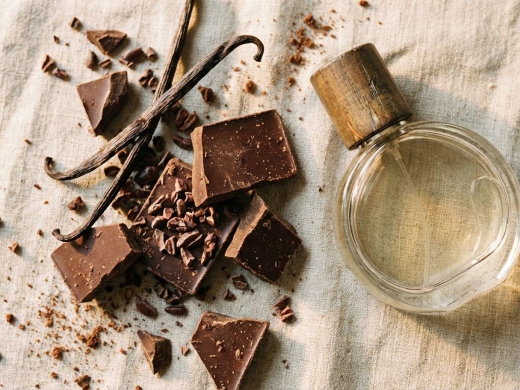 Perfume bottle with chocolate pieces and vanilla pods on neutral fabric