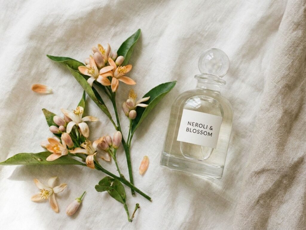Perfume bottle with orange blossom flowers and green leaves on neutral fabric