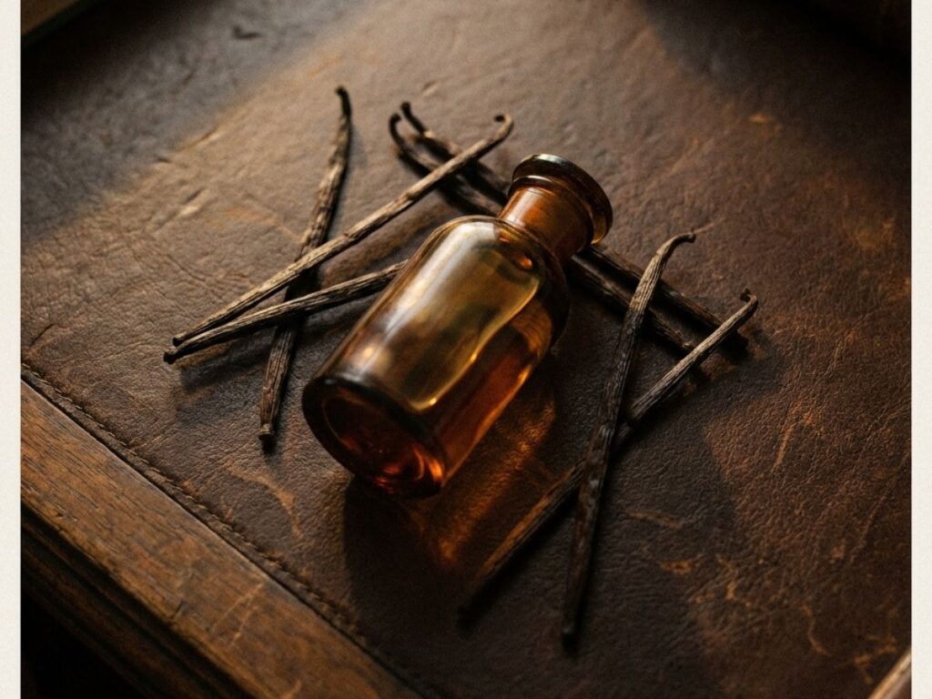 Amber perfume bottle with vanilla pods on dark wooden surface