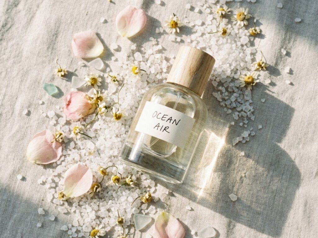 Perfume bottle with sea salt crystals and small flowers in soft natural light