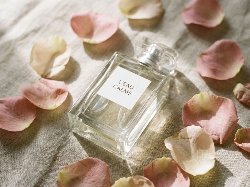 Perfume bottle with scattered rose petals on soft fabric in natural light