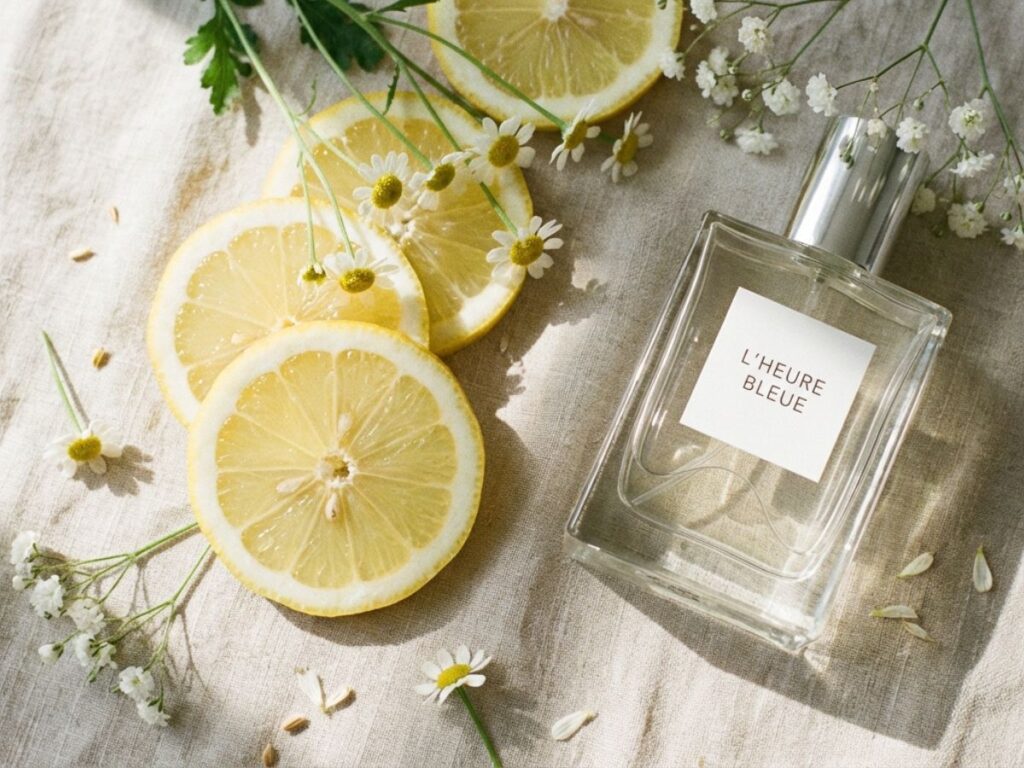Perfume bottle with lemon slices and small white flowers in natural light