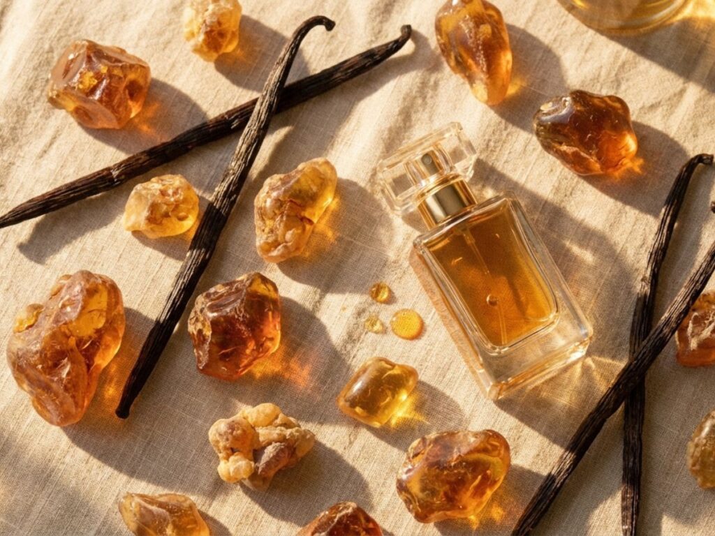 Perfume bottle with vanilla beans and amber resin pieces in warm light