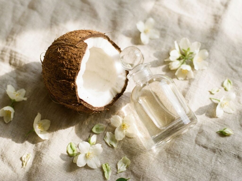 Perfume bottle with coconut shell and white flowers in soft natural light