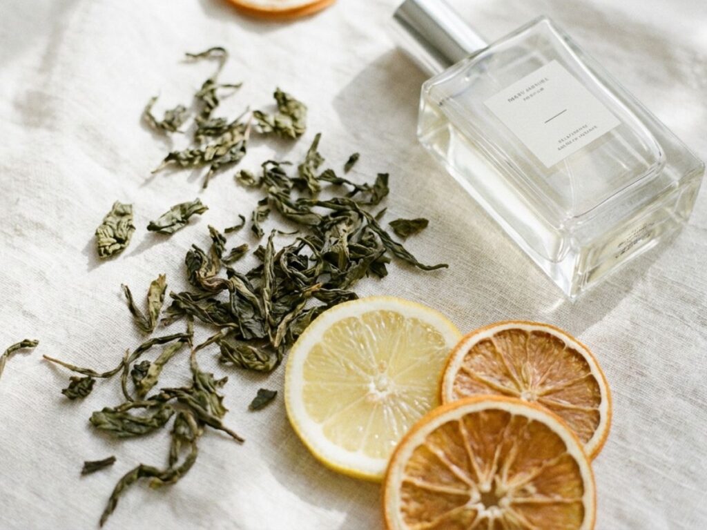 Perfume bottle with green tea leaves and citrus slices on neutral fabric