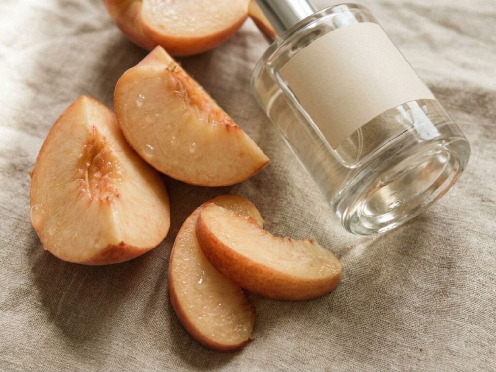 Perfume bottle with fresh peach slices on neutral fabric