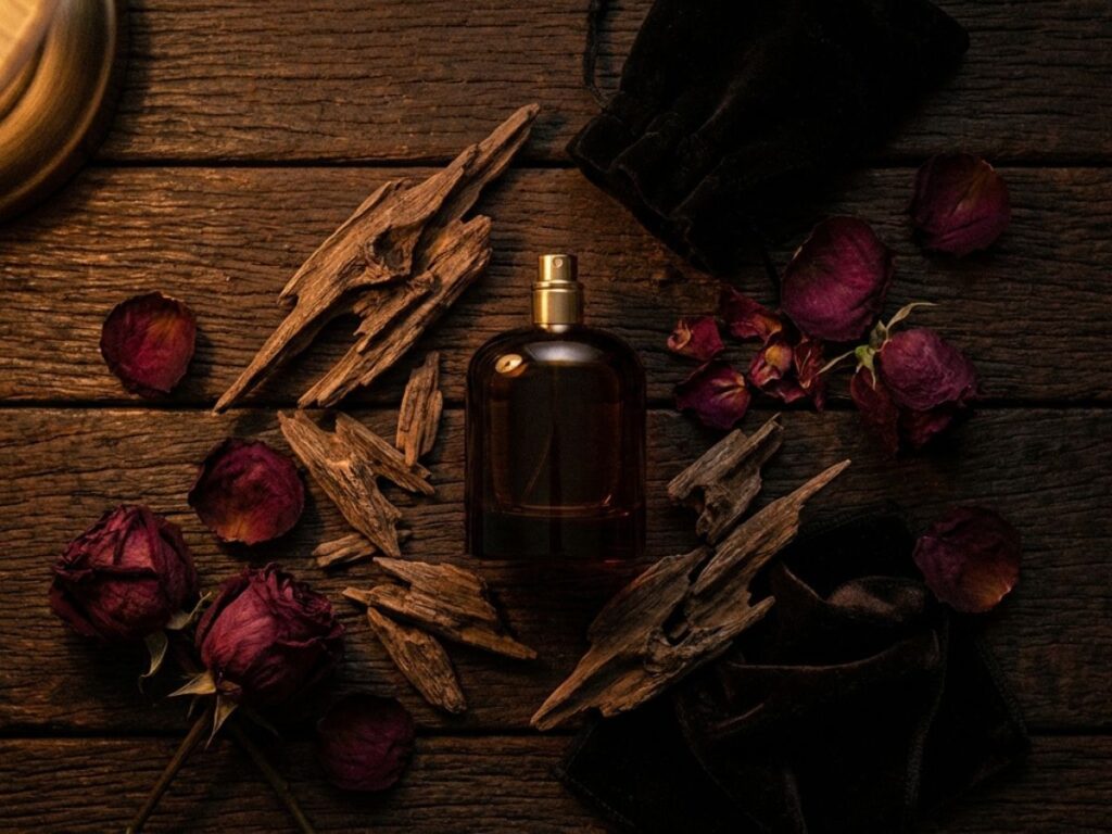Dark perfume bottle with oud wood and dried rose petals on wooden surface