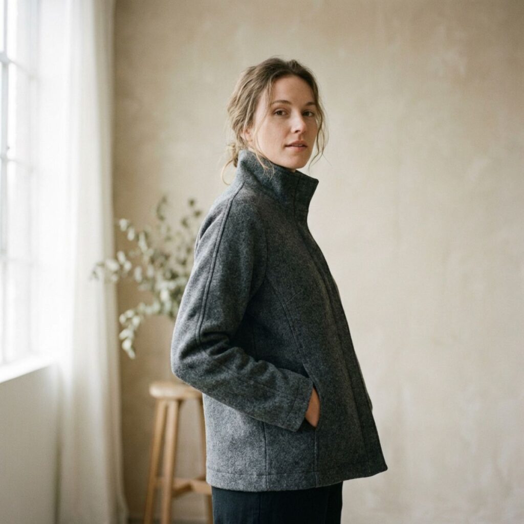 Woman wearing gray coat standing indoors in soft natural light