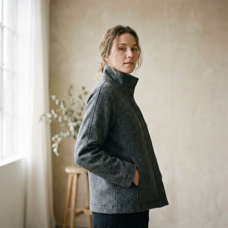 Woman wearing gray coat standing indoors in soft natural light