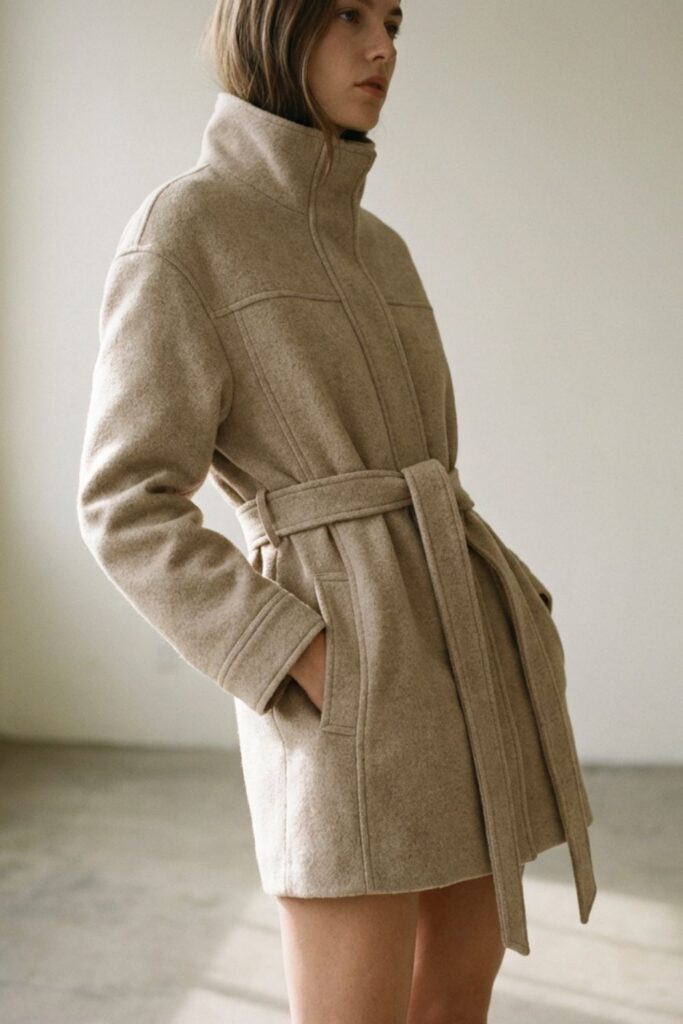 Woman wearing a belted beige coat in a minimalist sunlit studio
