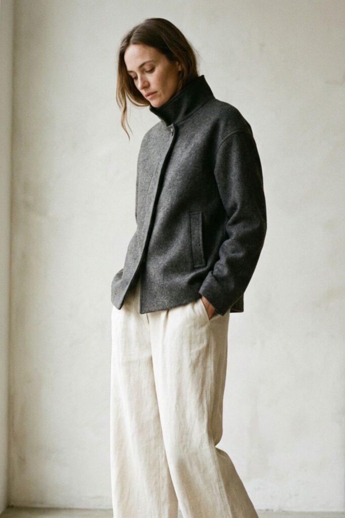 Woman wearing dark structured jacket with cream trousers in soft natural light