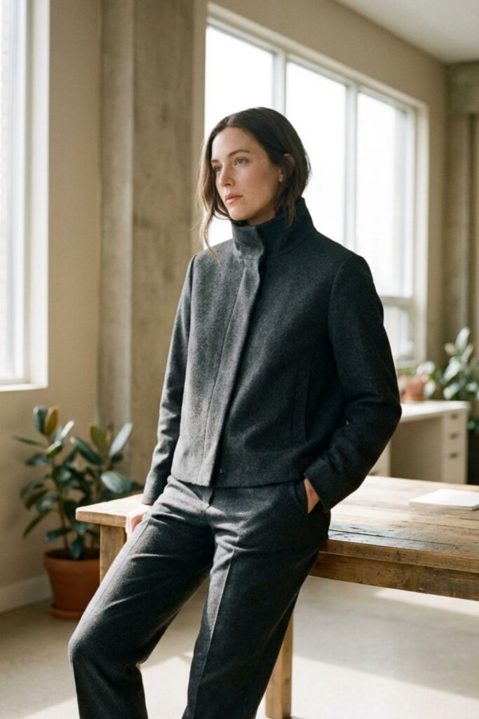 Woman in a tailored dark jacket and matching trousers leaning on a wooden desk in a sunlit modern workspace